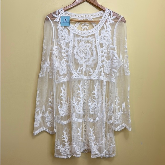 NWT Boutique White Crochet Lace Swimsuit Cover Up Sheer Beach Tunic Dress - Picture 3 of 17